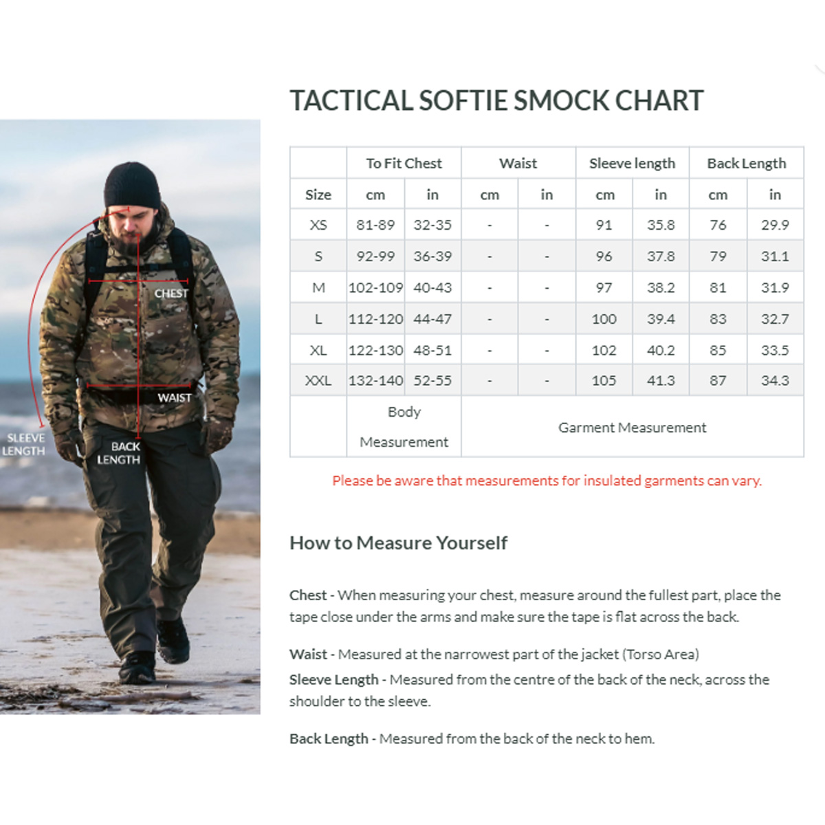 Snugpak Tactical Softie Smock sizing chart